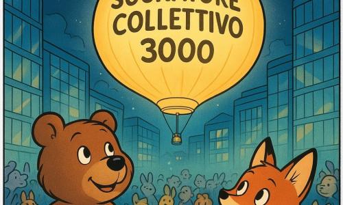 Baldo, un giovane orso bruno dal pelo morbido e dagli occhi scintillanti, si trova al centro della piazza di Vetracosta, con un sorriso pieno di speranza sul volto. Accanto a lui, Lilla, una piccola volpe dal pelo rosso brillante, osserva con curiosità il Sognatore Collettivo 3000, un grande pallone luminoso che fluttua sopra la piazza. La piazza centrale di Vetracosta è circondata da edifici di vetro scintillanti, che riflettono la luce delle stelle nel cielo notturno. Gli abitanti della città, animali di ogni tipo, si radunano attorno, i loro volti illuminati dal bagliore del dispositivo. La scena principale mostra il momento magico in cui il Sognatore Collettivo 3000 inizia a emettere una luce soffusa e colorata, avvolgendo la folla in un'atmosfera di sogno e meraviglia.