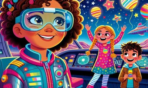 La capitana Lila, una mujer sonriente con cabello rizado y gafas futuristas, se encuentra frente al panel de control de su gran nave espacial. Tiene ojos brillantes de emoción y lleva un uniforme brillante de colores vivos. A su lado, un niño de 10 años, Lucas, con cabello rubio y gafas redondas, mira maravillado las estrellas a través de la ventanilla. Una niña de 9 años, Mia, con trenzas y una camiseta con motivos de planetas, baila alegremente en el pasillo, con ojos llenos de alegría. La escena ocurre dentro de la nave espacial, que está llena de luces centelleantes y pantallas que muestran mapas estelares. Estrellas coloridas y planetas en forma de globos flotan afuera, iluminando el paisaje. La situación principal muestra a Lila y los niños preparando su viaje hacia la estación educativa “Estrella Feliz”, llenos de entusiasmo y curiosidad, listos para explorar el universo.