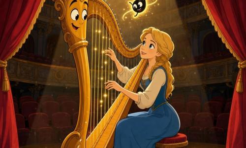 Sofia, giovane musicista di circa 20 anni, capelli biondo miele in trecce sciolte, occhi azzurri, volto dolce e concentrato, sorridente e determinata, seduta al centro del palco a pizzicare le corde di un’arpa dorata; l’arpa, grande e lucente, legno verniciato e ornamenti dorati, corde che scintillano come fili di sole, posta davanti a lei e inclinata verso di lei; una piccola nota musicale animata, nera con contorno luminoso dorato e occhi maliziosi, fluttua sopra le corde come una piccola farfalla sonora che Sofia cerca di catturare; luogo: un vecchio teatro con un grande sipario di velluto rosso, pavimento di legno lucido, un faretto caldo che illumina un cerchio di luce e file di poltrone vuote con polvere visibile nei raggi; situazione: Sofia, in un alone di luce, suona dolcemente per far uscire la piccola nota perduta dalle corde dell’arpa; atmosfera magica, calma e piena di speranza.