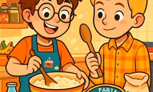 Un niño de 12 años, llamado Javier, con cabello castaño despeinado y gafas redondas, sonríe alegremente, con las mejillas ligeramente sonrojadas por la emoción. Lleva un delantal azul decorado con dibujos de pasteles y está mezclando una masa para pastel en un gran bol colorido, con los ojos brillantes de creatividad. A su lado, otro niño de 12 años, Nico, con cabello rubio y una camisa a cuadros, observa atentamente, sosteniendo una cuchara de madera, listo para ayudarlo. Están en una cocina luminosa, llena de colores vivos, con estantes repletos de tarros de especias, frutas frescas en la encimera y un horno al fondo. La escena principal muestra a los dos amigos preparando una 
