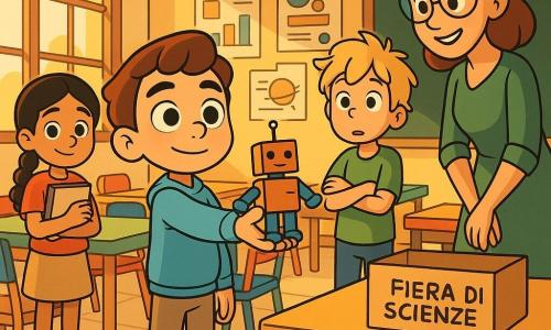 Un ragazzo di 10 anni, Luca, volto rotondo, capelli castani corti, espressione determinata e dolce, occhi grandi e brillanti, in piedi porge un piccolo robot di cartone dipinto alla bambina; indossa una felpa azzurro chiaro e sneakers bianche. Una bambina di circa 9 anni, Amina, capelli neri in treccia, sorriso timido sollevato, tiene il suo quaderno di disegni vicino al petto, leggermente dietro a sinistra di Luca. Un ragazzo di circa 10 anni, Tommaso, capelli biondi spettinati, bocca socchiusa sorpresa, braccia incrociate a destra leggermente indietro. La maestra Sara, donna di circa 30 anni, vestito verde, occhiali sottili, sorriso incoraggiante, vicino alla lavagna china verso i bambini. Scena in una classe luminosa con grandi finestre, banchi colorati riuniti in isole, poster alle pareti e una scatola dei progetti “Fiera di Scienze” su un tavolo. Situazione principale: momento caldo e coraggioso in cui Luca consegna il robot di Amina alla maestra per iscriverlo alla fiera, gli altri bambini osservano, atmosfera di sostegno, colori caldi e contrasti morbidi.