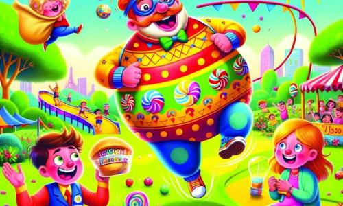 Pancino Elastico è un uomo allegro con una grande pancia rotonda ed elastica, indossa un costume colorato con motivi di caramelle e una maschera divertente. Sorride con occhi scintillanti di malizia, mentre usa la sua pancia come un trampolino per saltare in aria. Capitan Ciabatta, un ragazzo di circa 8 anni, ha una ciabatta in testa e un sorriso malizioso. Sta correndo all'indietro, sorpreso, con un sacco di caramelle che cadono dalle sue mani. Dottoressa Sbadatella, una ragazza di circa 7 anni, è seduta per terra, con i capelli in disordine, mentre cerca gli occhiali persi, con un'espressione confusa sul volto. La scena si svolge in un parco soleggiato, con alberi verdi, fiori colorati e uno scivolo brillante sullo sfondo. I bambini ridono e giocano intorno, creando un'atmosfera gioiosa e dinamica. La situazione principale mostra Pancino Elastico che salta entusiasta, usando la sua pancia per raccogliere le caramelle che cadono, mentre Capitan Ciabatta e Dottoressa Sbadatella si trovano in una situazione comica e divertente.