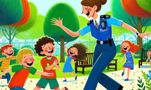 Een glimlachende politieagente, Lena, staat in het midden van de afbeelding. Ze is een vrouw van ongeveer dertig jaar met bruin haar in een bun, gekleed in een heldere blauwe uniform en een badge die in de zon schittert. Ze speelt met een groep kinderen in een park en lacht vrolijk. Onder de kinderen is er een 8-jarig jongetje met rommelig blond haar dat enthousiast een bal gooit. Naast hem staat een 7-jarig meisje met krullend haar in een kleurrijke jurk dat lachend applaudisseert. Ze worden omringd door andere kinderen die zich ook vermaken. Het park is groen, met grote bomen met glanzende bladeren, kleurrijke bloemen en een stralende blauwe lucht. Een grindpad slingert door het park en er staan hier en daar houten banken. De hoofdscène toont Lena, de politieagente, die met de kinderen ballen speelt terwijl ze hen het belang van veiligheid uitlegt. Lachen en plezier vermengen zich met leren, wat een vrolijke en vriendelijke sfeer creëert.
