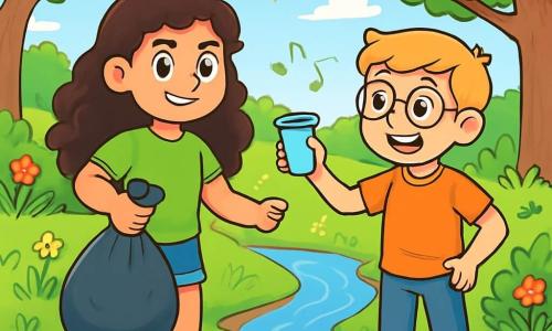 Ein 12-jähriges Mädchen mit langen, lockigen braunen Haaren und funkelnden, entschlossenen Augen steht am Ufer eines kleinen Baches. Sie trägt ein leuchtend grünes T-Shirt und eine Jeansshorts und lächelt stolz, während sie einen Müllsack mit Abfällen hält, den sie gerade aufgesammelt hat. Neben ihr ermutigt ihr Freund Tim, ein 12-jähriger Junge mit blonden Haaren und runden Brillen, sie mit einem breiten Lächeln und einem Plastikbecher, den er im Wasser gefunden hat. Der Ort ist ein grüner Park mit majestätischen Bäumen, bunten Blumen und einem Bach, der durch die Landschaft fließt. Die Sonne scheint und beleuchtet die Szene mit goldenem Licht, während Vögel in den Ästen singen. Die Hauptsituation zeigt die beiden Freunde beim Reinigen des Baches, umgeben von Müll, aber mit Freude und Zufriedenheit auf ihren Gesichtern, was ihr Engagement für den Schutz der Natur verdeutlicht.