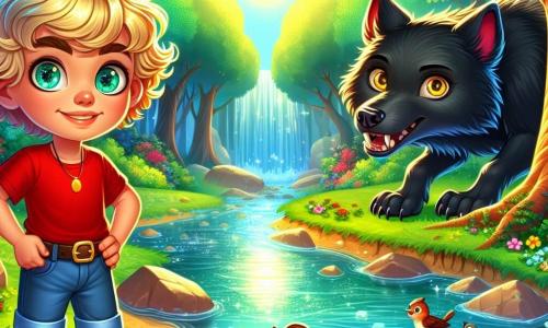 A 6-year-old boy named Leo, with curly blonde hair and sparkling blue eyes, stands bravely by a shimmering stream. He wears a red t-shirt and denim shorts, displaying a determined smile on his face. Next to him is a big bad wolf, with black fur and golden eyes, looking both surprised and curious, with a less threatening expression, as if wanting to play. The setting is a magical forest, with majestic trees featuring bright green leaves, colorful flowers dancing in the wind, and a crystal-clear stream reflecting the sun. The main scene shows Leo, holding a golden whistle to his lips, ready to call his animal friends for help against the wolf, while birds and squirrels approach, curious about what's happening.