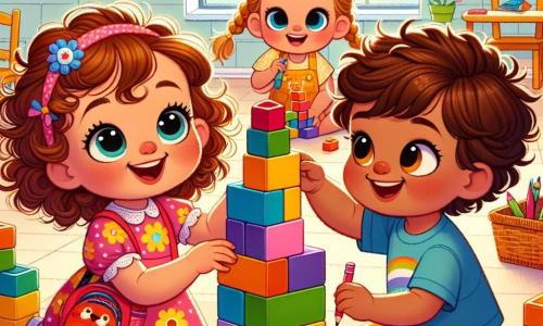 A 3-year-old girl named Lily, with big bright eyes and bouncy curly hair, smiles joyfully as she builds a tower of colorful blocks. She wears a pink dress with flower patterns and a small red backpack with a smiling sun. Next to her, a 4-year-old boy named Ben, with messy brown hair and a blue t-shirt, helps her stack the blocks, his face beaming with enthusiasm. In a corner of the classroom, a 3-year-old girl named Mia, with braided blonde hair and a yellow dress, draws a cat with colored pencils. She looks at Lily and Ben with curiosity, ready to join them. The setting is a bright and colorful classroom, decorated with animal drawings and letters, featuring wooden tables and chairs, and a soft carpet where the children play. The main scene shows Lily and Ben focused on their construction, surrounded by laughter and creativity, while Mia watches, eager to share her drawing with them.