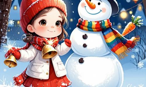 A one-year-old girl with sparkling big eyes and rosy cheeks wears a shiny red hat. She smiles in wonder while holding a small golden bell that sparkles in her hand. Next to her, a smiling snowman, about three years old, with a carrot nose and a colorful scarf, dances joyfully in the snow, surrounded by gently falling snowflakes. The setting is a winter wonderland with snow-covered trees, giant candies, and twinkling lights illuminating the starry sky. The little girl and the snowman have fun together, creating snowflakes as they twirl and laugh, while the bell rings joyfully in the air.