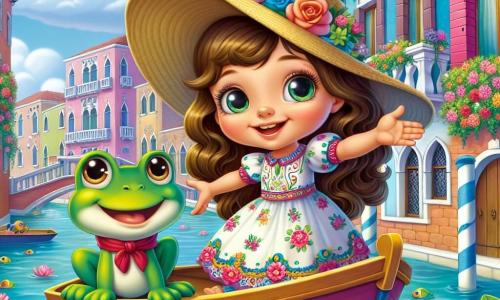 In this scene, there are two main characters: 

1. **Lily** is a 7-year-old girl with long brown hair and sparkling eyes. She wears a colorful dress with flower patterns and a straw hat. She stands at the edge of a small boat, arms open, smiling in wonder.

2. **Freddie** is a smiling green frog, about the size of a child's hand. He sits on Lily's shoulder, with round, bright eyes, and wears a small red scarf around his neck.

The setting is a picturesque canal in Venice, surrounded by pastel-colored houses and flower-filled balconies. The sky is bright blue with fluffy white clouds, and the sun shines, making the water sparkle.

The main situation shows Lily and Freddie sailing on the boat, with flowers floating on the water's surface and colorful fish joyfully jumping around them. They are on a quest for a lost shining pearl, symbolizing their adventure and friendship.