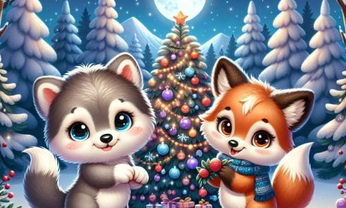 In einer zauberhaften Winterlandschaft steht ein kleiner Wolf namens Lupo mit seinem weichen grauen Fell und neugierigen leuchtenden Augen vor einem wunderschönen Weihnachtsbaum, der mit bunten Beeren und funkelndem Schnee geschmückt ist. Er lächelt breit vor Freude und Aufregung, während er den vom Mondlicht erleuchteten Baum bewundert. Neben ihm springt ein kleiner Fuchs namens Felix mit seinem strahlend roten Fell und dem flauschigen Schwanz vor Freude, seine Augen funkeln vor Begeisterung. Er hält eine Girlande aus Beeren in seinen Vorderpfoten und ist bereit, den Baum noch weiter zu schmücken. Die Szenerie zeigt einen charmanten verschneiten Wald, in dem majestätische Bäume mit einer dicken Schneeschicht bedeckt sind und Sterne am Nachthimmel leuchten, was eine magische und warme Atmosphäre schafft. Die Hauptszene zeigt Lupo und Felix, die ihren Weihnachtsbaum schmücken, umgeben von der Magie des Winters und teilen einen Moment des Glücks und der Freundschaft, bereit, gemeinsam das Weihnachtsfest zu feiern.