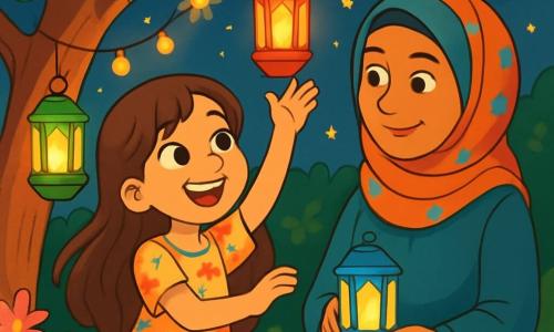 O fată de 10 ani, Maria, cu părul lung și brunet și ochi strălucitori de curiozitate, zâmbește fericită în timp ce decorează un copac cu felinare colorate. Poartă o rochie ușoară cu motive florale, iar fața ei radiază de entuziasm. Lângă ea, vecina, doamna Aisha, o femeie de aproximativ 40 de ani, cu părul negru și un batic vibrant, o observă cu bunăvoință, ținând un felinar în mâini. Se află într-o grădină verde, plină de flori strălucitoare și lumini scintilante, sub un cer înstelat. Scena emană o atmosferă festivă și caldă, ilustrând momentul magic al pregătirii pentru Ramadan, unde prietenia și solidaritatea luminează noaptea.