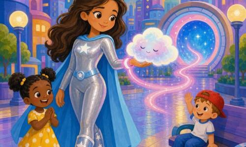 A gentle smiling female superhero in a shiny silver costume, round starry boots and a soft blue cape extends a hand holding a glowing pink wristband that emits a ribbon-like light, cradling a small fluffy pearly-white space cloud with blue-pink highlights and closed eyes above a sidewalk in Skybright City at dusk; a 5-year-old girl with pigtails in a yellow polka-dot dress claps and smiles at lower left, a 4-year-old boy in a red cap and blue pants sits on a bench at right waving, pastel-lit tall towers, softly flashing round streetlights, shiny paved ground and an open round space gate in the background, the heroine guiding the lost cloud toward the gate with a wavy path of light, calm soft colors and simple patterns suitable for toddlers.