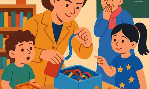 A protagonista é uma detetive sorridente e concentrada, cabelos curtos castanhos, jaqueta amarelo-mostarda, segurando um caderno vermelho e mostrando um pedaço de fita azul encontrado num batente de madeira; à esquerda está Tomás (~7 anos) de cabelos encaracolados castanhos e camiseta verde com migalhas, ainda segurando uma caixa de biscoitos; à direita está Bia (~6 anos) com rabo de cavalo preto e vestido de estrelas azuis, mostrando um desenho e apontando para o chão; atrás da mesa de fitas está Dona Lídia (~60 anos), bibliotecária de cabelos grisalhos em coque e lenço rosa, com as mãos na boca e expressão aliviada; o gato laranja riscado Ginga dorme num almofadinha vermelha com uma ponta de fita azul presa na pata e marcas de terra e giz por perto; cena numa pequena biblioteca de jardim iluminada com mesa de madeira clara, caixa de fitas coloridas, estantes baixas de livros ilustrados, quadro-negro externo e luz suave de manhã, composição centrada na caixa de fitas e na detetive em ação, cores planas e contrastadas.
