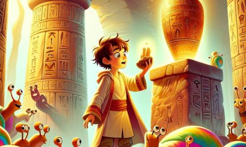 Tarek, um jovem de cerca de 12 anos, está diante do majestoso Artefato de Enki, com olhos brilhantes de admiração e um sorriso radiante de alegria. Ele tem cabelos castanhos bagunçados, uma túnica leve de cores vivas e sandálias de couro. Ao seu lado, um grupo de caracóis do deserto, pequenas criaturas coloridas com conchas espiraladas, riem e dançam ao seu redor, com suas antenas vibrantes demonstrando entusiasmo. O local é uma caverna antiga, adornada com hieróglifos dourados que brilham à luz quente do artefato. Colunas de pedra se erguem majestosas, e sombras dançam nas paredes, criando uma atmosfera mística. A cena principal mostra Tarek, maravilhado, estendendo a mão em direção ao artefato brilhante, pronto para descobrir a sabedoria que ele contém, enquanto os caracóis o incentivam com risadas alegres e movimentos brincalhões.