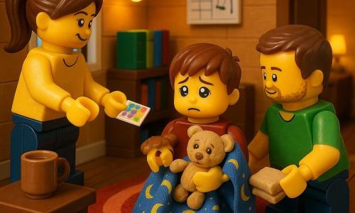 A 6-year-old boy with a round face, short chestnut hair and large bright eyes looks both sad and relieved, clutching a worn stuffed toy (Fuzz) and a blue moon-patterned blanket. A woman (mother, ~30–35) with long brown hair in a ponytail wearing a yellow sweater stands by the door offering a small colorful note, smiling gently with shoulders slightly forward. A man (father, ~30–40) with short hair and light beard in a green T-shirt kneels beside the boy holding an improvised cushion, watching him with care. The warm LEGO-brick living room has brown plank floors, a round red rug, a small table with a cup of cocoa, a bookshelf and a wall calendar with star and swing stickers. The scene is a quiet exchange as the mother gives the blanket and note while the father makes a cozy corner; soft atmosphere, warm colors, light contrast from a bright window and yellow lamps, emphasis on comforting gestures and familiar objects (stuffed toy, green car, blanket).
