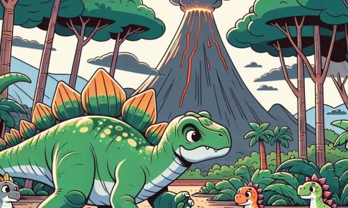 Ein Stegosaurus namens Stegi, mit grüner Haut und bunten Platten auf dem Rücken, zeigt große Entschlossenheit, während er seine Familie beschützt. Er steht fest in einer Lichtung, umgeben von großen Bäumen, mit einem mutigen und schützenden Blick. An seiner Seite beobachtet seine Mama, ein sanfter Stegosaurus mit liebevollen Augen, den bewölkten Himmel, besorgt aber zuversichtlich. Seine kleinen Geschwister, lebhaft gefärbte Stegosaurusse, springen fröhlich in Pfützen, lachen und haben Spaß trotz der Bedrohung durch den Vulkan. Im Hintergrund grollt ein imposanter Vulkan, während dunkle Wolken sich darüber sammeln und das Sonnenlicht beginnt, durch die Wolken zu brechen und die Szene in warmem Licht zu erhellen. Die Hauptsituation zeigt Stegi und seine Familie, die unter den großen Bäumen Schutz suchen, vereint und bereit, dem herannahenden Sturm zu trotzen.