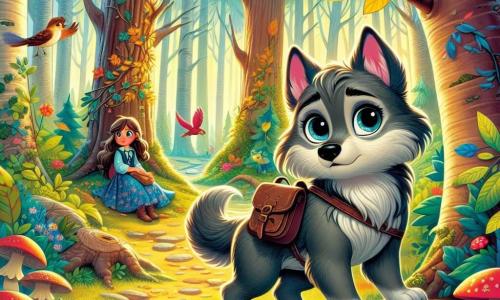 A little wolf named Lupo, with soft gray fur and curious bright eyes, stands in the center of an enchanted forest. He looks determined yet a bit anxious, with his ears perked up and his tail twitching. Lupo carries a small leather backpack filled with bread and a red scarf, ready for adventure. Nearby, a young girl named Mira, with long brown hair and a blue flowered dress, looks around with fearful eyes. She sits on a tree stump surrounded by golden leaves, appearing lost in the woods. The forest features majestic trees with thick trunks, sunlight filtering through the dense foliage, and colorful mushrooms on the ground. Brightly feathered birds sing in the branches, while leaves gently swirl in the air. The main scene shows Lupo bravely approaching Mira, determined to help her find her way, as the soft morning light illuminates their magical encounter in the heart of the forest.