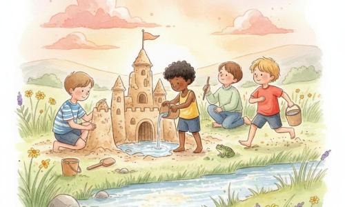 Four boys build a large sandcastle by a sparkling stream at sunset in a grassy meadow with yellow and mauve wildflowers and rolling hills: Max, 8, short light brown hair, striped blue-and-white T‑shirt, crouched left carving a tower with a small wooden shovel; Leo, 7, curly black hair, yellow tank top, standing center pouring water from a bucket into the castle moat, focused; Toby, 9, tousled blond hair, red short-sleeve shirt, right, running from the bank with a bucket of water, a small green toad near his ankle; Sam, 8, smooth brown hair, pale green sweater, sitting behind the castle on the grass holding a twig like a flag; tall towers, water-filled moat, scattered buckets and shovels, footprints and visible sand grains, gently waving tall grass, glowing water reflections and a calm, companionable atmosphere.