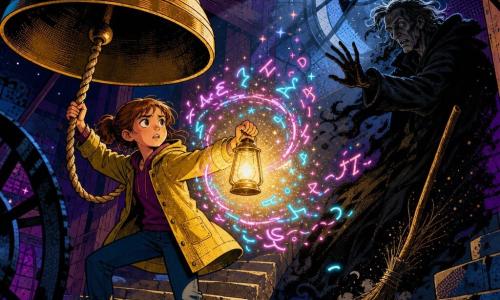 A 12-year-old girl with a round, freckled face and brown ponytail, determined and slightly frightened, holds a small glass lantern emitting warm golden light as she stands on the stone steps of an old clock tower reaching for a bell rope; to her right behind the bell, a lanky shadowy old man in an oversized black coat with a blurred, tired face beginning to show human features drops a twig broom and recoils into the light; a few Whisperlings—thin glowing letters in cyan and neon pink—spiral around the lantern like sparking words; the bell chamber shows heavy wooden beams, a huge bronze bell, a circular window with a silver moonbeam and dust motes; the girl pulls the rope to ring a soothing bell while the lantern and glowing letters push back the shadow, with pop-art color contrasts, stylized shadows and thick outlines.
