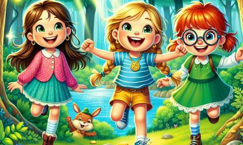 Three little girls, around 7 years old, are at the center of the image. On the left, Lily, with long brown hair and a pink polka dot dress, smiles joyfully while holding a treasure map. In the center, Mia, with braided blonde hair, wears a blue shirt and yellow shorts, jumping with excitement. On the right, Ava, with red hair and round glasses, is dressed in a green dress, pointing at a large red X on the map. The setting is a magical forest with tall trees, vibrant green leaves, and colorful flowers. The girls are discovering hidden treasure, enthusiastically digging in the ground while a curious little rabbit watches from a bush. The atmosphere is joyful and adventurous, with sunlight filtering through the branches.