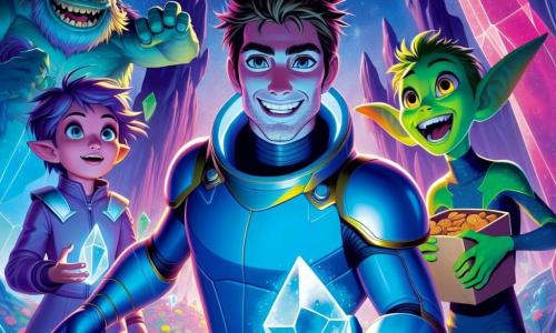 Zorak, un hombre de estatura media con cabello despeinado y un brillante traje espacial azul, se encuentra en el centro de la escena, con el rostro iluminado por la emoción y la determinación. Sus ojos brillan de entusiasmo mientras sostiene en una mano el Cristal de las Estrellas, un objeto resplandeciente de colores vivos. A su lado, Lila, una joven alienígena de 12 años con grandes orejas puntiagudas y ojos dorados, utiliza su magia para hacer florecer plantas coloridas a su alrededor, añadiendo un toque de verdor al entorno espacial. Grun, un gigante verde de rostro amigable, se encuentra un poco detrás, sosteniendo una bolsa de galletas, con una amplia y alegre sonrisa, listo para celebrar su victoria. La escena tiene lugar dentro de una imponente fortaleza de cristal negro y metal, con paredes brillantes que reflejan la luz de las estrellas exteriores. Hologramas de conquistas flotan a su alrededor, creando una atmósfera mágica y amenazante. Zorak y sus amigos acaban de recuperar el Cristal de las Estrellas y se encuentran juntos, triunfantes, listos para huir de la fortaleza del Lord Drakon, rodeados de flores brillantes y un ambiente festivo.