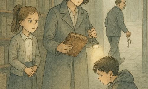 Detectivă principală, ~36 ani, brunetă coupe au carré, calmă și concentrată, ține un jurnal vechi legat în piele și o lanternă; paznic masculin ~50 ani, mustăcios, geacă de lucru, pleacă în curtea din spatele depozitului cu cheile strălucind; fată preadolescentă ~12 ani cu coadă de cal, uniformă de școală, lângă detectivă, mâini încleștate; băiat ~13 ani în hanorac, încălțăminte mâloasă cu urme în zigzag, așezat lângă o cutie cu atlas deschis; loc: depozit interior al bibliotecii cu rafturi înalte de lemn, atlasuri prăfuite, cutii de carton, lumină caldă slabă, podea din dale vechi și o ușă de serviciu între-deschisă spre o curte pavată; situație: moment de descoperire și confruntare — detectiva luminează jurnalul așezat pe atlas, copiii adunați, paznicul pleacă pe fundal, lanternă proiectând umbre lungi și praf în aer.