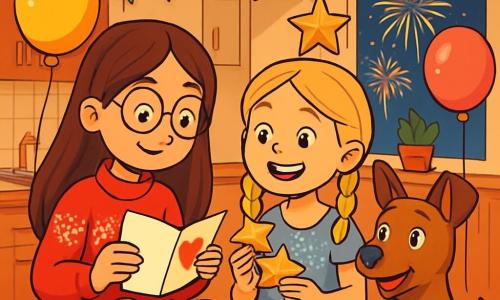 Er zijn 3 personages: - Lotte: een 10-jarig meisje met lang bruin haar en ronde brillen. Ze draagt een rode trui met sneeuwvlokpatronen en houdt een wenskaart in haar handen. - Noor: een 10-jarig meisje met blonde vlechten en een grote glimlach. Ze is gekleed in een jurk met zilveren glitters en houdt papieren sterren in haar andere hand. - Max: een middelgrote hond met een bruine vacht en sprankelende ogen. Hij zit naast de meisjes, met zijn oren omhoog, klaar om te spelen. De locatie is een warme keuken, versierd met kleurrijke slingers en glinsterende ballonnen. De tafel is bedekt met oliebollen, en er hangen papieren sterren aan het plafond. Buiten zijn vuurwerk te zien dat de nachtelijke lucht verlicht. De hoofdscène toont Lotte en Noor, omringd door feestelijke versieringen, terwijl ze een wenskaart voor hun grootmoeder maken, terwijl Max nieuwsgierig toekijkt, klaar om het nieuwe jaar met hen te vieren.