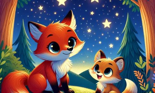 Un pequeño zorro rojo, con un pelaje brillante y ojos redondos y curiosos, se encuentra en el centro de la imagen, mirando el cielo estrellado con una expresión asombrada y un poco dudosa. Está sentado en una pequeña colina, con las patas delanteras sobre sus rodillas, mientras levanta la cabeza para admirar las estrellas centelleantes. A su lado, una mamá zorra, dulce y protectora, con un pelaje ligeramente más oscuro y ojos cálidos, sonríe al mirar a su pequeño. Ella está sentada en la misma colina, con un libro abierto sobre sus rodillas, y parece tranquilizadora, como si compartiera un secreto mágico con su cría. El lugar es un bosque pacífico, bañado por la luz de las estrellas, con árboles majestuosos de hojas verdes y flores coloridas que florecen a su alrededor. El cielo es de un azul profundo, salpicado de estrellas brillantes que iluminan la noche. La situación principal muestra al pequeño zorro descubriendo la belleza de la oscuridad, asombrado por las estrellas y escuchando el canto de un grillo, mientras su mamá le explica que la oscuridad puede estar llena de maravillas y sorpresas.