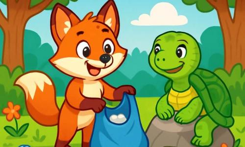 Ein kleiner roter Fuchs namens Felix, mit glänzendem Fell und neugierigen, funkelnden Augen, steht enthusiastisch in der Mitte der Szene und schaut sich um. An seiner Seite sitzt eine weise alte Schildkröte namens Greta, mit einem grünen, von natürlichen Mustern geschmückten Panzer, die stolz lächelt, während sie ruhig auf einem Felsen sitzt und Felix beobachtet. Im Hintergrund erstreckt sich eine wunderschöne Waldlandschaft mit majestätischen Bäumen und lebhaft grünen Blättern, bunten Blumen, die im Wind tanzen, und einem strahlend blauen Himmel, der mit flauschigen Wolken bedeckt ist. Felix und Greta sind von Müll umgeben und sammeln Abfälle auf, um ihren wertvollen Lebensraum zu reinigen und ihre Entschlossenheit zu zeigen, die Natur zu schützen.