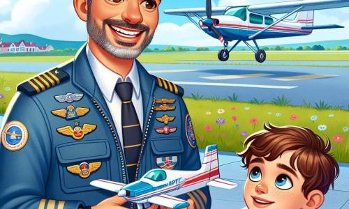 Ein erfahrener Pilot, ein Mann in den Vierzigern mit leicht grauen braunen Haaren und einem gepflegten Bart, lächelt stolz, während er neben einem kleinen Flugzeug auf einer Landebahn steht. Er trägt einen blauen Fluganzug mit bunten Abzeichen, und seine Augen strahlen vor Aufregung und Leidenschaft für die Luftfahrt. Neben ihm steht ein 10-jähriger Junge, Felix, mit zerzausten blonden Haaren und einem roten T-Shirt, der den Piloten bewundernd ansieht, seine Augen weit vor Staunen. Er hält ein kleines Flugzeugmodell in den Händen und träumt davon, eines Tages zu fliegen. Die Szenerie zeigt einen schönen sonnigen Tag mit einem klaren blauen Himmel, der mit einigen flauschigen weißen Wolken gesprenkelt ist. Im Hintergrund sind grüne Felder und entfernte Berge zu sehen, während das Flugzeug auf einer Landebahn parkt, die von bunten Blumen umgeben ist. Die Hauptsituation zeigt den Piloten, der Felix begeistert die Grundlagen des Fliegens erklärt, während der Junge aufmerksam zuhört, bereit zu lernen und seinen Traum, Pilot zu werden, zu verwirklichen.