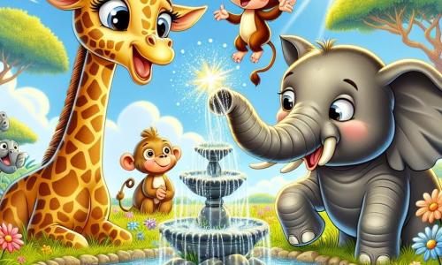 O girafă numită Gigi, cu un gât lung și elegant și pete aurii pe blană, stă lângă o fântână magică, cu ochii strălucind de entuziasm și un zâmbet mare pe față. Lângă ea, un elefant pe nume Edi, cu urechi mari și piele gri, folosește trompa pentru a stropi alți animale însetate, arătând o expresie de bucurie și mândrie. În fundal, o maimuță jucăușă numită Mona, cu blană brună și ochi șireți, se cațără pe o ramură de copac, observând scena cu un zâmbet amuzat. Decorul este o savană însorită, presărată cu flori colorate și iarbă verde, sub un cer albastru strălucitor. Situația principală arată cum Gigi și prietenii ei sărbătoresc descoperirea apei, înconjurați de animale fericite care se adăpă la fântână, simbolizând unitatea și prietenia în natură.