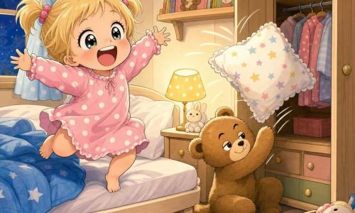 Bambina di 2 anni, bionda con due codini, occhi grandi e brillanti, gioiosa e sorpresa, gioca nel letto in camicia da notte a pois rosa; ride a crepapelle, mani aperte, saltella su un materasso bianco con coperta blu. Accanto a lei un orsetto di peluche marrone dall'aspetto consumato la osserva complice mentre spinge un cuscino; un cuscino bianco con fodera a stelle salta fuori da un'armadio in legno chiaro. La stanza piccola e accogliente ha pareti crema, tappeto rosa e luce soffusa dalla lampada gialla, atmosfera notturna dolce, colori pastello e tratti teneri.