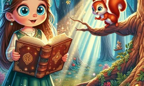 Ein 9-jähriges Mädchen, Lila, mit langen braunen Haaren und funkelnd blauen Augen steht im Mittelpunkt der Szene und hält ein altes, ledernes Buch mit goldenen Buchstaben. Ihr Gesicht drückt Neugier und Staunen aus, während sie eine magische Welt entdeckt. An ihrer Seite klettert ein kleiner Eichhörnchen namens Max mit rotem Fell und schelmischen Augen auf einen Ast und beobachtet Lila mit einem schelmischen Lächeln. Die Kulisse ist ein verzauberter Wald mit großen, knorrigen Bäumen und grünen Blättern, erleuchtet von Sonnenstrahlen, die durch das Blätterdach filtern. Bunte Blumen und glühende Glühwürmchen verleihen der Umgebung einen Hauch von Magie. Die Hauptsituation zeigt Lila, die das magische Buch unter einem alten Baum entdeckt, umgeben von einer leuchtenden Aura, während Max sie ermutigt, das Buch zu öffnen, um die Geheimnisse einer Abenteuermärchenwelt zu enthüllen.
