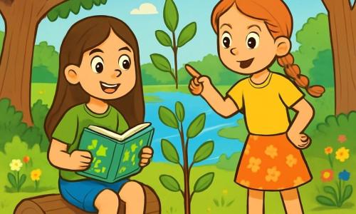 There are two main characters: - Lily: a 10-year-old girl with long brown hair, wearing a green t-shirt and denim shorts. She is sitting on a tree trunk, an enthusiastic smile on her face, holding a book about nature. - Emma: a 10-year-old girl with braided red hair, dressed in a yellow t-shirt and a flower skirt. She is standing next to Lily, pointing at a young tree they just planted, with a determined look. The main setting is a beautiful sunny clearing by a sparkling river. Majestic trees surround the area, their green leaves gently dancing in the wind. The ground is dotted with colorful flowers, and the river reflects the blue sky, creating a joyful and vibrant atmosphere. The main situation shows Lily and Emma, their hands covered in dirt, celebrating the success of their tree-planting day. They are surrounded by young plants, and birds are singing joyfully in the branches above them, symbolizing the harmony between nature and their efforts to protect the environment.