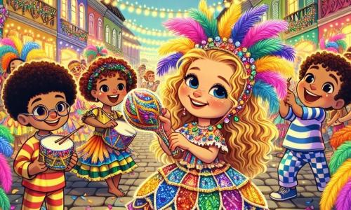 Una niña de 8 años, Lina, con cabello rizado y dorado, lleva un vestido colorido hecho de trozos de tela con alegres estampados. Su rostro irradia emoción y felicidad, y sus ojos brillantes reflejan el entusiasmo del carnaval. Sostiene un pandeiro decorado con plumas y espejos, lista para tocar música. A su lado, João, un niño de 9 años con gafas redondas y una camiseta a rayas, sonríe mientras sujeta plumas coloridas que está colocando en el pandeiro de Lina. Más lejos, Beto, el hermanito de Lina de 6 años, baila con burbujas de jabón flotando a su alrededor, con ojos brillantes de alegría. La escena ocurre en una calle animada, rodeada de casas de fachadas vibrantes, donde guirnaldas de luces brillan. Personas disfrazadas bailan y ríen, creando una atmósfera festiva y cálida. Lina, rodeada de sus amigos, se prepara para tocar música con su pandeiro, mientras la multitud aplaude y se prepara para bailar. El aire está lleno de confeti colorido y notas musicales, capturando el espíritu alegre del carnaval.