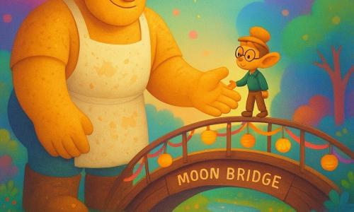The main character is a towering, benevolent male giant with golden, dough-like textured skin, round shining eyes and a warm smile, offering a huge gentle hand to a small companion; he wears crumb-covered boots and a flour-stained apron. The secondary character, Logic, is a curious, slightly mischievous little boy-creature with long floppy ears and round glasses, standing on the giant’s thumb as they cross Moon Bridge, a singing-plank bridge with hanging lanterns, ribbon rails and a shimmering surface above the pearlescent River of Wishes. The setting is a textured rainbow forest with dancing flowers and small animals cheering at the path’s edge beneath a pastel, dotted sky; the giant helps Logic across in a centered, warm dusk scene with soft light, joyful, secure atmosphere and harmonious contrasting colors.