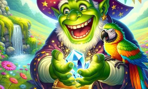 Un ogre vesel numit Oliviu, cu o piele verde strălucitoare, ochi sclipitori ca stelele și un zâmbet larg, stă în centrul scenei. Poartă o pălărie colorată cu boruri largi și ține un cristal strălucitor în mâini, radiază de entuziasm și fericire. Lângă el, un papagal multicolor, cu pene vii și strălucitoare, zboară vesel în jurul său, cântând melodii amuzante. Scena se desfășoară într-o poieniță minunată, plină de flori colorate care dansează în vântul blând. La mijloc, o fântână veche, acoperită cu mușchi și flori sălbatice, strălucește sub razele soarelui, creând o atmosferă magică. Oliviu, împreună cu prietenul său papagal, a descoperit un cufăr vechi, plin de comori, și este pe punctul de a face o dorință ținând cristalul magic, ilustrând astfel entuziasmul și aventura căutării lor.