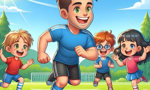 Illustratie van een atletische man met kort bruin haar, gekleed in een blauwe voetbalshirt en een zwarte short. Hij glimlacht vrolijk terwijl hij een voetbal dribbelt op een groen veld. Naast hem staat een groep van vier kinderen, twee jongens en twee meisjes, van ongeveer 8 tot 10 jaar. De eerste jongen heeft rommelig blond haar en draagt een rood t-shirt. Hij springt van blijdschap met zijn armen omhoog en een grote glimlach. Het eerste meisje heeft lang bruin haar, draagt een roze sportjurk en applaudisseert enthousiast. De tweede jongen, met een bril en kastanjebruin haar, is geconcentreerd en klaar om de bal te ontvangen. Het tweede meisje, met krullend zwart haar, lacht terwijl ze naar de bal rent. De hoofdlocatie is een groot voetbalveld, omringd door hoge groene bomen en onder een stralende blauwe lucht. De zon schijnt en verlicht het gras in een felgroene kleur, terwijl kleurrijke bloemen het veld omringen. De situatie laat de man en de kinderen samen voetballen, lachend en plezier makend, wat een vrolijke en vriendelijke sfeer creëert. Witte wolken drijven zachtjes in de lucht, wat een vleugje lichtheid aan de scène toevoegt.