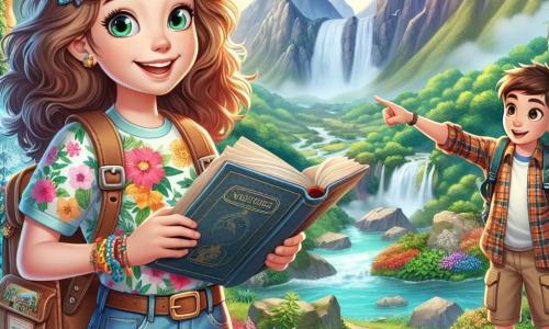 Al centro dell'immagine, una ragazza di nome Sofia, di circa 11 anni, sorride con entusiasmo, con gli occhi brillanti. Ha lunghi capelli ricci di colore castano chiaro e indossa una maglietta colorata con un motivo floreale, pantaloni corti di jeans e sandali. Sofia tiene un vecchio libro aperto in una mano e un taccuino da disegno nell'altra, pronta a catturare le meraviglie che scopre. Accanto a lei, il suo migliore amico Marco, anche lui di 11 anni, ha i capelli corti e castani, indossa una camicia a quadri e pantaloni cargo. Guarda attentamente la mappa che tiene in mano, concentrato, mentre indica un sentiero misterioso. Sullo sfondo, la scena si svolge in una valle incantata, circondata da montagne maestose e foreste verdi. Fiori colorati e alberi dai vivaci fogliami costeggiano un ruscello cristallino, mentre una cascata scintillante si riversa in un lago. Sofia e Marco sono in esplorazione, scoprendo un tesoro nascosto in una grotta misteriosa, meravigliati dalle antiche pitture rupestri illuminate dalla luce delle loro torce, in un'atmosfera magica e avventurosa.