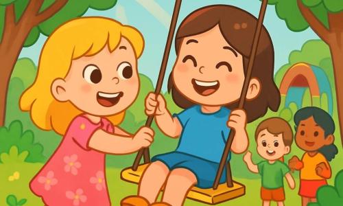 A 6-year-old girl, Lily, with shiny blonde hair and sparkling eyes, joyfully smiles as she pushes a swing. She wears a pink floral dress and yellow sandals, her face expressing excitement and genuine friendship. Next to her, Mia, a 6-year-old girl with brown hair and gentle eyes, sits on the swing, laughing happily. She wears a blue t-shirt and a denim skirt. In the background, other children, Tom, a 6-year-old boy with brown hair and a green shirt, and Sarah, a 6-year-old girl with black hair and caramel skin, cheer them on with smiles. The setting is a sunny park filled with lush green trees, colorful flowers, and a lively playground. Sun rays filter through the leaves, creating a joyful and warm atmosphere. The main scene shows Lily and Mia sharing a moment of joy and friendship as Mia learns to swing, surrounded by laughter and support, illustrating tolerance and acceptance of differences.