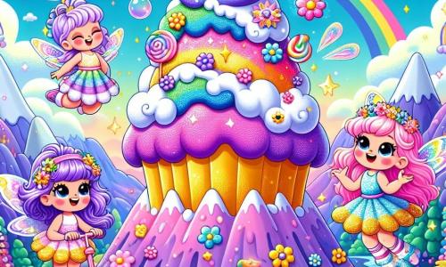In an enchanting landscape, three little fairies stand on top of a colorful mountain. Lila, a fairy with purple hair and sparkling wings, lies on a fluffy cloud with a dreamy smile. Tilly, with her pink hair and golden sequined dress, joyfully dances while holding her magic wand, surrounded by bubbles of light. Bubbles, the fairy with blue hair and a flower skirt, rolls on her little scooter, laughing heartily. The setting is Giggle Mountain, covered in multicolored flowers and sparkling streams, with a huge rainbow cupcake at the center, surrounded by glitter and stars. The fairies laugh and play, trying to catch the happily rolling cupcake, creating a scene full of magic and joy.