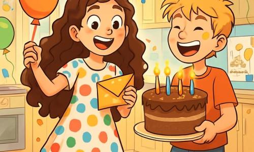 A 12-year-old girl with long curly brown hair smiles with sparkling eyes of excitement, holding an orange balloon in one hand and a shiny envelope in the other. She wears a colorful polka dot dress and pink sneakers. Next to her, a 12-year-old boy with messy blonde hair laughs while holding a large chocolate cake decorated with sparkling candles, with cream splattered on his face. In the background, a bright and cheerful kitchen is adorned with colorful balloon garlands, confetti scattered on the table, and a large board with birthday drawings. The scene shows the girl discovering a mysterious surprise, surrounded by her friends, all laughing and celebrating in a festive and warm atmosphere.