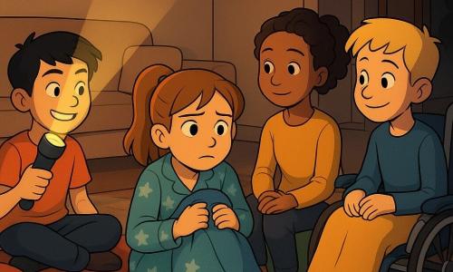 Four children: Mia, ~10, light brown hair in a ponytail, star pajamas, clutching a blue blanket and sitting center-stage, anxious but determined; Jay, ~11, short black hair, mischievous smile, holding a large flashlight (warm cone of light) to Mia’s left on a red sleeping bag; Noor, ~10, curly tied hair, calm and reassuring, hands on her knees to Mia’s right on a green cushion; Leo, ~11, blond, smiling in a modern blue wheelchair at the front right with a small yellow blanket, wheel slightly turned toward the group; setting: cozy apartment living room at night with warm soft light, geometric rug, sofa, steaming hot chocolate on a wooden coffee table, an open hallway showing dim darkness and a long shadow, and fairy lights around the window; scene: a comforting night together as Mia faces her fear of the dark — Jay shines the “torch of courage” at the ceiling, Noor stays calm and supportive, Leo proposes a plan, with tender expressions and soft contrasts between lit areas and the hallway shadow.