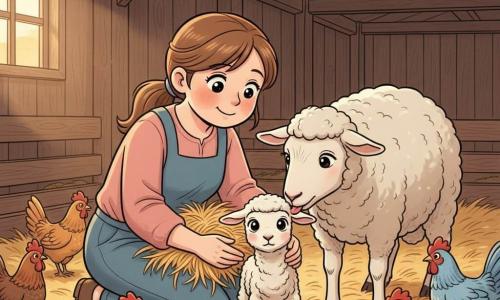 Ana es una mujer adulta de rostro redondo y dulce, pelo castaño recogido en coleta, sonrisa tierna y ojos brillantes; está agachada acariciando un pequeño corderito, feliz y emocionada en postura protectora con manos delicadas entre paja dorada. La madre oveja, de lana blanca y rizada, está de pie cerca y lame suavemente al corderito con mirada calma y maternal. El corderito es diminuto, lana crema aún húmeda, ojos grandes y débiles patas tambaleantes. Alrededor, gallinas coloridas picotean el suelo con las alas plegadas, curiosas pero tranquilas. La escena transcurre en el interior de un establo de madera con vigas oscuras, suelo cubierto de paja y luz cálida del atardecer que entra por una pequeña ventana; muestra el primer encuentro tierno entre Ana y el recién nacido, con ambiente suave, colores cálidos y composición centrada y clara para los niños pequeños.