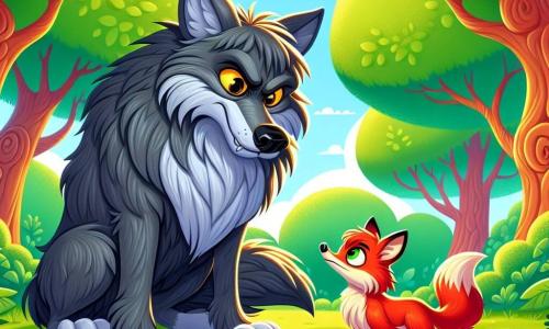 Een grote, boze wolf met grijze, ruige vacht staat in het midden van een open plek, zijn doordringende en nieuwsgierige blik, zijn gele ogen stralen een onverwachte nieuwsgierigheid uit. Hij heeft scherpe oren en een grote bek, maar zijn uitdrukking is minder bedreigend dan men zou denken, bijna melancholisch. Naast hem staat een kleine, levendige, ondeugende rode vos, die de wolf met een glinstering van moed in zijn heldere ogen observeert. Hij staat op zijn achterpoten, klaar om te springen, zijn vacht steekt fel af tegen het groen van de ondergroei. De scène speelt zich af in een zonnige open plek, omringd door grote bomen met stevige stammen, waarvan de felgroene bladeren zachtjes dansen in de wind. Kleurrijke bloemen bedekken de grond en voegen gele en paarse accenten toe aan de vredige omgeving. De wolf, geïntrigeerd door de vos, lijkt te aarzelen om vooruit te gaan, terwijl de vos, vol bravoure, zich voorbereidt om een gesprek aan te knopen, wat een sfeer van zachte spanning en hoop creëert.
