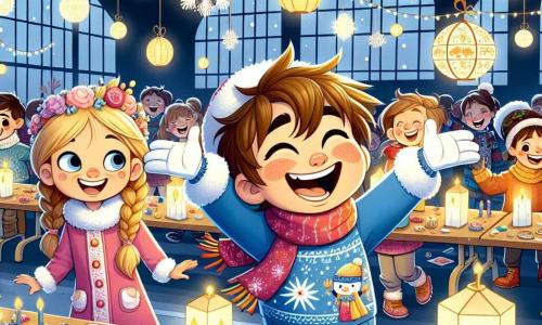 A 7-year-old boy named Oliver, with messy brown hair and rosy cheeks, is wearing a blue sweater with snowflakes and a bright red scarf. He is joyfully laughing with his arms open, surrounded by a group of children, his eyes sparkling with excitement. Next to him is Mia, a 7-year-old girl with braided blonde hair, wearing a pink coat and white gloves. She is smiling while holding a paper lantern they just made together, slightly in front of Oliver. The setting is a gym transformed into a winter wonderland, with twinkling lights, paper snowflakes hanging from the ceiling, and tables adorned with colorful treats and crafts. The scene shows Oliver and Mia sharing their excitement with other children, all captivated by the winter traditions they are discovering, surrounded by laughter and joy, as lanterns illuminate the space, creating a warm and festive atmosphere.