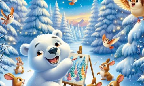 A cheerful polar bear named Benny, with fluffy white fur, stands at the center of the scene, smiling widely as he paints a large canvas. His eyes shine with excitement and his paws are covered in colorful paint. To his right, a family of small light brown rabbits with big ears and sparkling eyes hop joyfully in the snow, their faces beaming with happiness. To his left, a group of colorful birds, including a robin and a bluebird, sing on a tree branch, their bright feathers contrasting with the pristine white snow. The setting is a magical winter forest, with majestic trees covered in sparkling snow, gentle snowflakes falling from the light blue sky, and a ground blanketed in thick snow. The scene depicts Benny painting his winter picture, surrounded by his animal friends, all united in joy and creativity, celebrating the beauty of winter together.