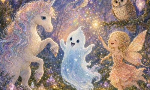 A small ghost named Boo, expressive and smiling, pale translucent blue with fuzzy edges and tiny white stars inside, floats joyfully in the center in a little dance swirl; a tiny dragon called Dazzle with iridescent glittering wings flies above scattering rainbow light; a laughing child‑sized fairy with braided blonde hair and peach diaphanous wings dances to the right, waving a wand that leaves light dots; a pearly white unicorn with a pastel mane stands to the left, muzzle turned to Boo and hoof raised inviting play; an old wise owl with speckled brown feathers perches on a low branch in the background watching with gentle bright eyes; the enchanted clearing is carpeted in green moss and surrounded by trees with golden and purple lanternlike leaves that glow softly, the ground dotted with glowing flowers and sparkling stones; main scene: a tender twilight party where the creatures play and dance together in warm, magical, comforting camaraderie.