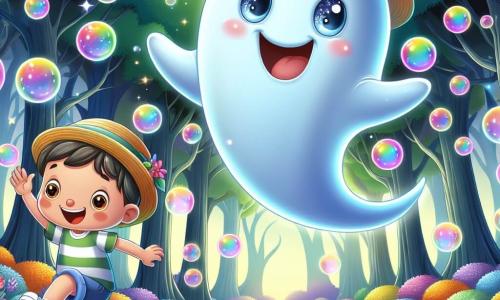 Un fantasma alegre llamado Fantasioso flota en el aire, con una gran sonrisa y ojos chispeantes de curiosidad. Es translúcido, con un leve resplandor azulado, y lleva un pequeño sombrero de paja de lado. Hace piruetas en el aire, rodeado de burbujas coloridas que estallan a su alrededor. Cerca, un zorrillo llamado Zippy, un niño pequeño con cabello castaño desordenado y una camiseta a rayas, corre con entusiasmo. Tiene un rostro sonriente y ojos brillantes, y se detiene para aplaudir a Fantasioso. El escenario es un hermoso Bosque de los Susurros, donde los árboles son altos y majestuosos, adornados con hojas brillantes que susurran al viento. Flores multicolores cubren el suelo, y luces brillantes flotan en el aire, creando una atmósfera mágica. La situación principal muestra a Fantasioso y Zippy divirtiéndose juntos, con Fantasioso haciendo burbujas gigantes y Zippy riendo a carcajadas mientras intenta atrapar las burbujas que flotan a su alrededor.