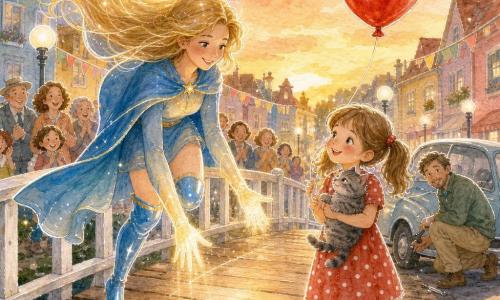 Capitana Luma, heroína muy alegre con cabello largo como hilos de luz dorada, capa azul y botas brillantes, vuela sobre un puente mientras sus manos emiten un resplandor amarillo pálido que reconstrue las tablas agrietadas; una niña de unos 6 años con coletas y vestido rojo de lunares sostiene un gran globo rojo con un gatito gris atigrado en su brazo; un hombre de unos 35 años, pantalón beige y chaqueta verde, está arrodillado junto a un coche pequeño con ruedas atascadas, aliviado; ciudad al atardecer con casas coloridas, banderolas y farolas; la multitud sonríe y aplaude.