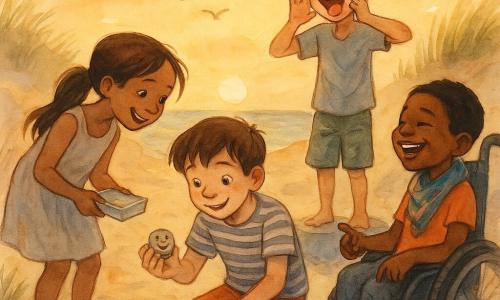 Vier Kinder (je 11 Jahre): Niko, kurz kastanienbraune Haare, gestreiftes T‑Shirt, kniet im Sand, hält ein kleines Papier und zeigt den Smiley‑Stein; Mara, lange braune Pferdeschwanz, leichtes Kleid, links, hält eine offene Plastikdose und lächelt verschmitzt; Ben, zerzauste blonde Haare, Bermudas, rechts auf einem flachen Stein stehend, zieht eine komische Grimasse; Leni im Rollstuhl, kurze Haare, buntes Tuch, rechts leicht zurückgelehnt, lacht und zeigt auf ein kleines Etui mit Mini‑Stift. Schauplatz: eine Dünenbucht mit feinem Sand, Treibholz, Algen, ausgebleibte Strandflagge, ruhiges Meer und oranger Sonnenuntergang mit Mövensilhouetten. Szene: Die vier um eine halb geöffnete Plastikbox in einer Sandmulde, legen einen lächelnden Stein hinein und schreiben eine Notiz; warme, vertraute Stimmung, konzentrierte Blicke, bereit zu lachen; sichtbare Texturen: Sandkörner an den Händen, aquarellartige Himmelstöne, weiße Gelstiftreflexe auf Papier und Augen.
